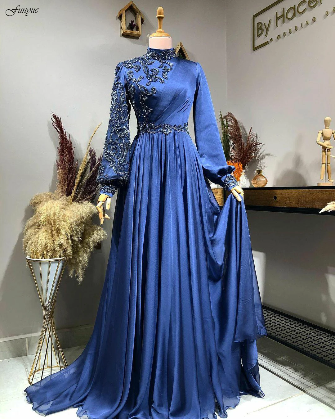 Funyue Royal Blue Elegant Muslim Women Formal Dress Robes De Soirée Beads Dubai Arabic Evening Party Prom Dresses Long Sleeves