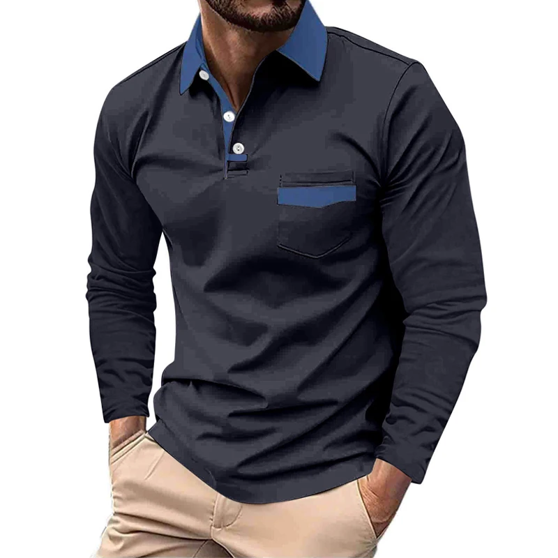 Men New Spring Autumn Fashion Long Sleeve Lapel Polo Shirt Big Pocket Stitching Sport Tops Polo Shirt