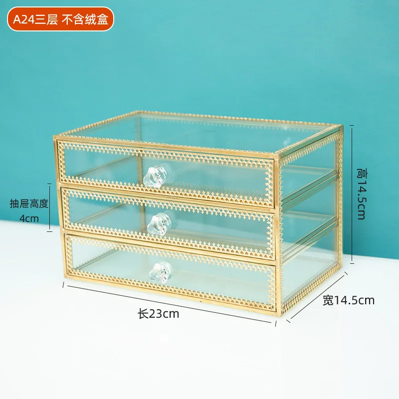 Clear glass gold color frame jewelry organizer 1/2/3/4 drawer cases with grey jewelry trays series