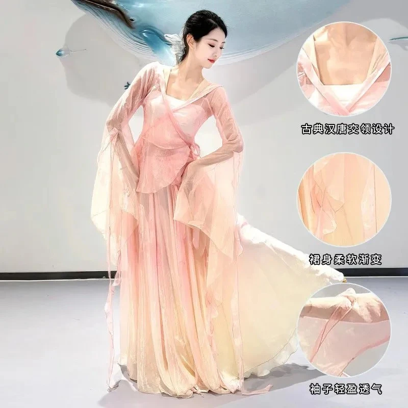 Chinese Classical Dance Costume Women Gradient Sheer Flowy Traditional Performance Outfit Stage Show Training Set Adults Girls