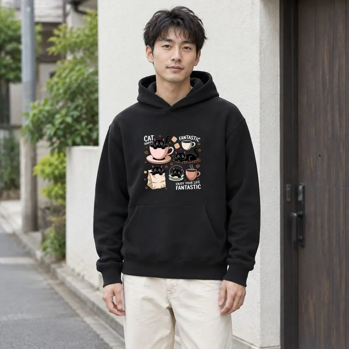 Enjoy Your Life Fantastic Black Cat Coffee Beans Autumn and winter new men's and women's hooded sweatshirts