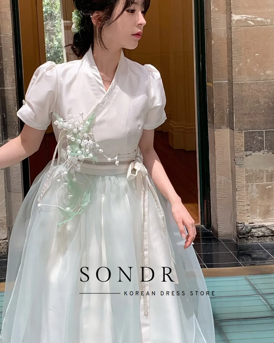 Sondr Customized Hanbok Mint Green Short Sleeves Korean Formal Dresses Evening Party Gown Women Wedding Photo Shoot Dresses