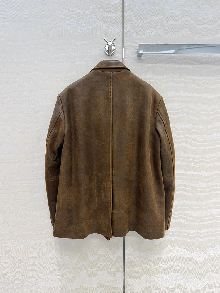 Spring Autumn Fashion Dark brown Vintage Genuine Leather Jacket Women's Ulster Collar Long Sleeve Fake Pocket Loose Jacket