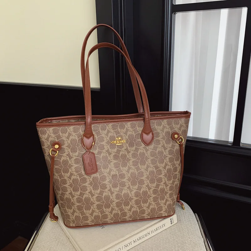 Retro Monogram Tote Bag for Women, Large Work Shoulder Handbag, Classic Pattern Top Handle Purse for Daily Shopping Travel