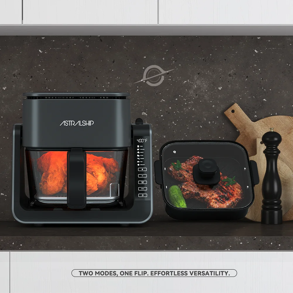 2-in-1-Glas-Luftfritteuse und Grill pfannen kombination, 12 Voreinstel lungen, Glasbehälter mit Deckel, 4,2 qt, 1,3 qt Fassung vermögen, sichtbares Fenster