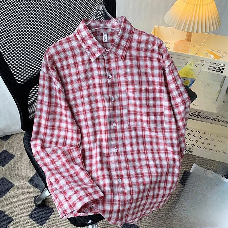 

EBAIHUI Men's Long Sleeved Checkered Shirt Japanese Casual Contrasting Color Male Top Spring Autumn Loose Thin Fashion Coat