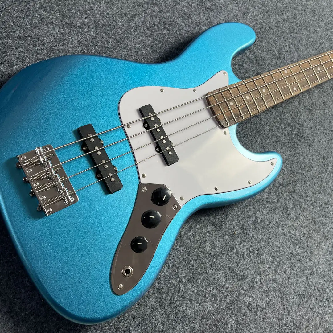 New Blue Bass Electric Guitar with 4 Strings Design and White Large Shield, Rock Jazz Style Suitable for Beginners and Professionals