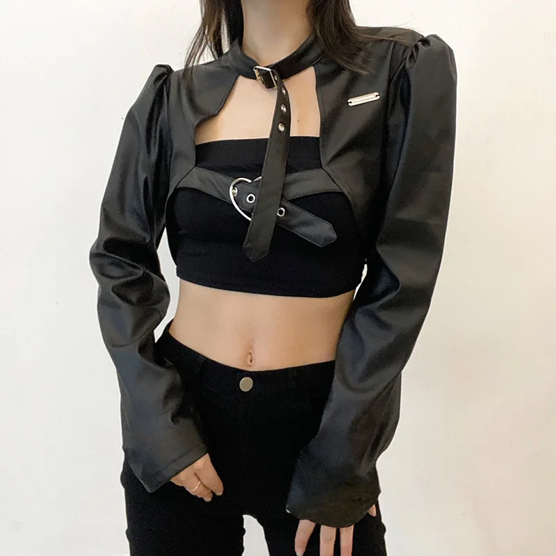 

2021 Winter Fashion New Product Women's Metal Detachable Book Bag Buckle Bubble Sleeve Short Leather Coat Batch