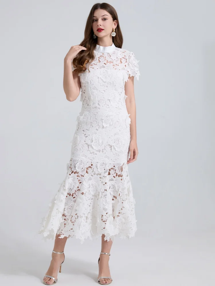 

High End Three-Dimensional Flower Lace Hollow Out Dress Women's Temperament Elegant Big Swing Mermaid Dresses