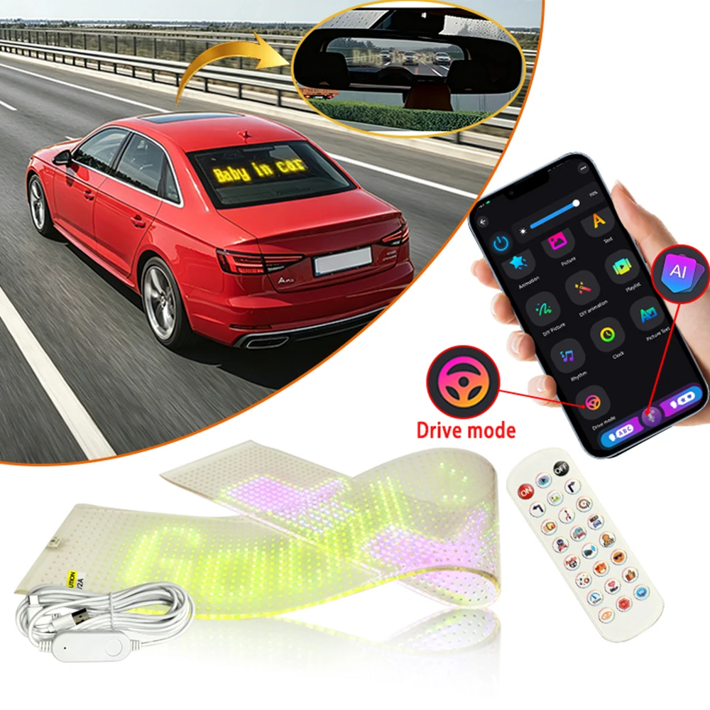 Smart Dual-Size LED Windshield Light Bar, APP/Remote Sync, 5V USB Powered Digital Graphics For Custom Car Ambience