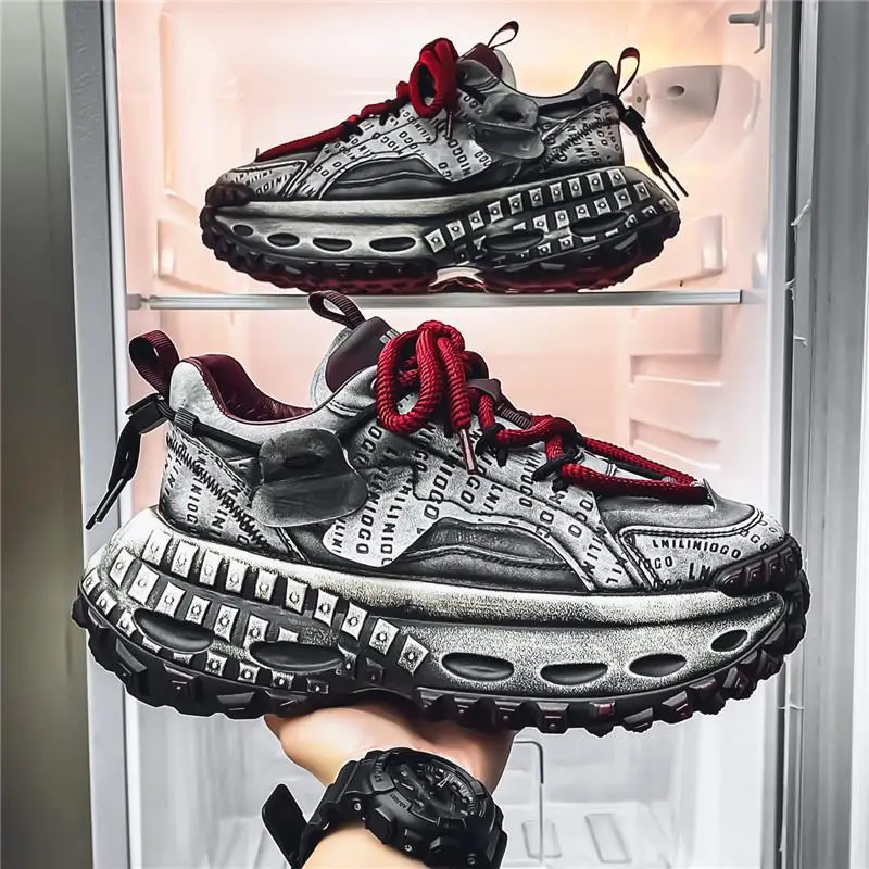 

Men's Retro Dad oes with Thi Sole Casual Versatile Running Sneakers Color-Blo Leather Stitching round Toe Rubber Outsole