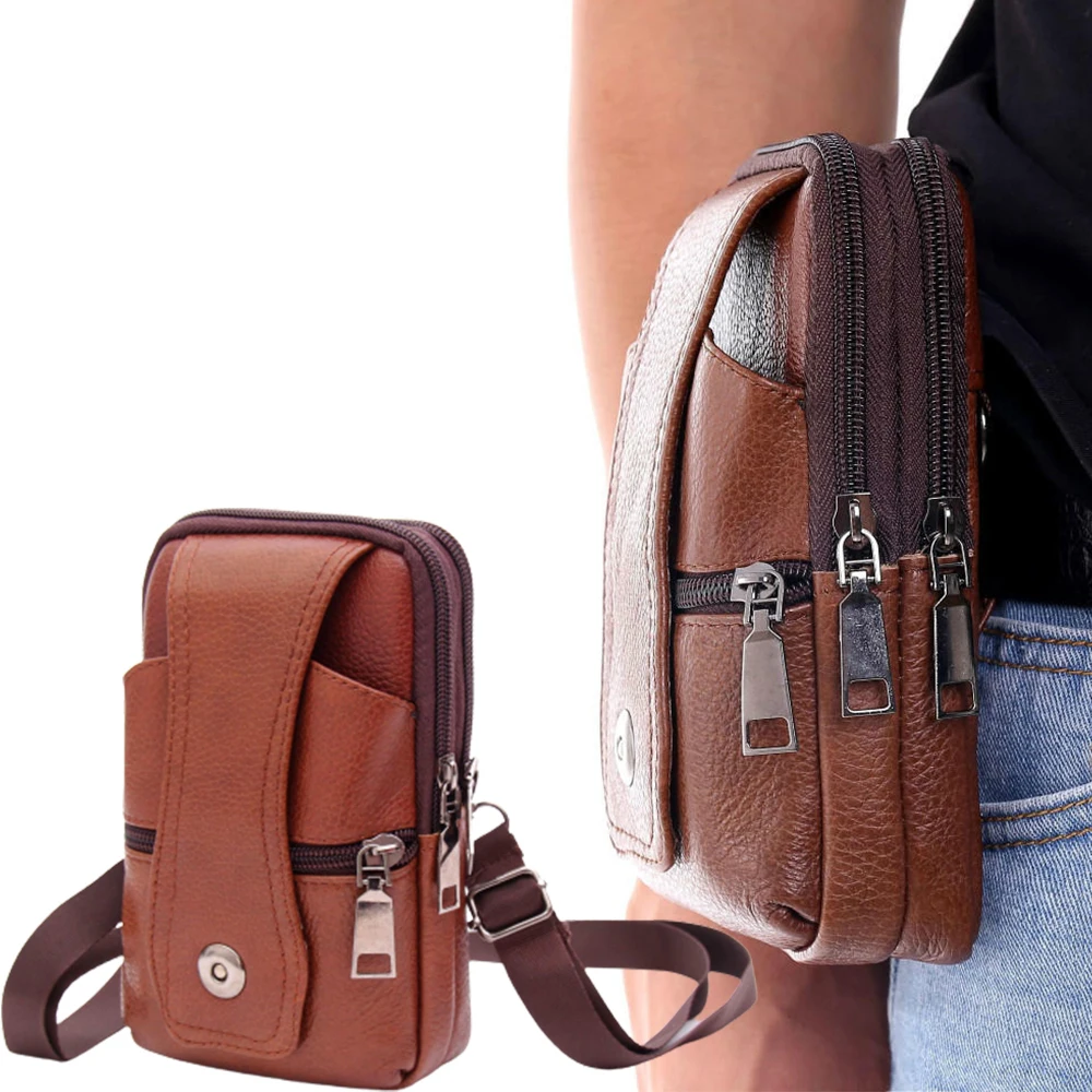 New Men Leather Waist Bag Multifunction Fanny Pack Large Capacity Belt Bag Shoulder Bags Crossbody Bags Multi-layer Buckle Bag