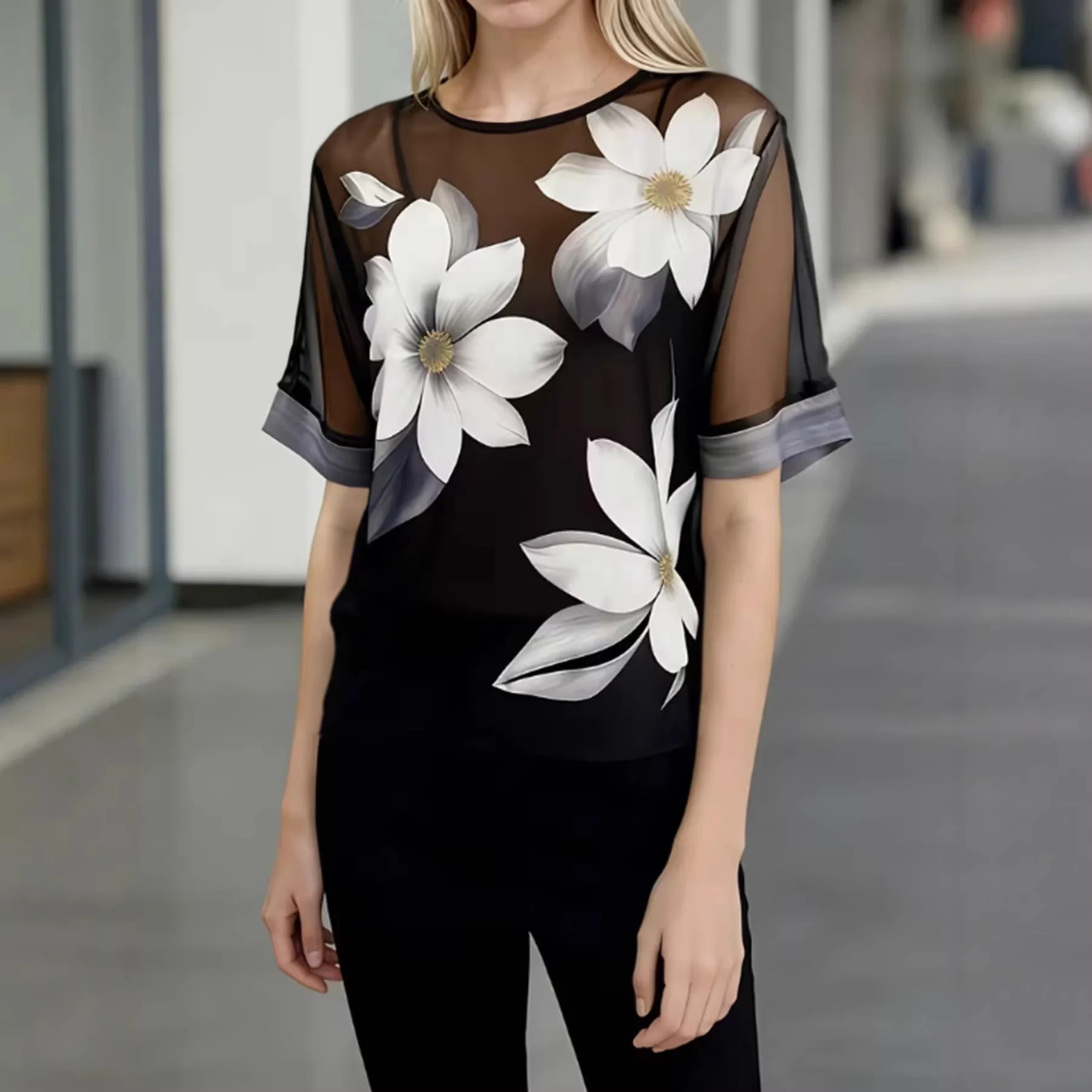 

Summer Print Loose Sheer Blouses For Women O Neck Short Sleeve See Through Chiffon Tops Fashion Elegant Blouse Female Clothing