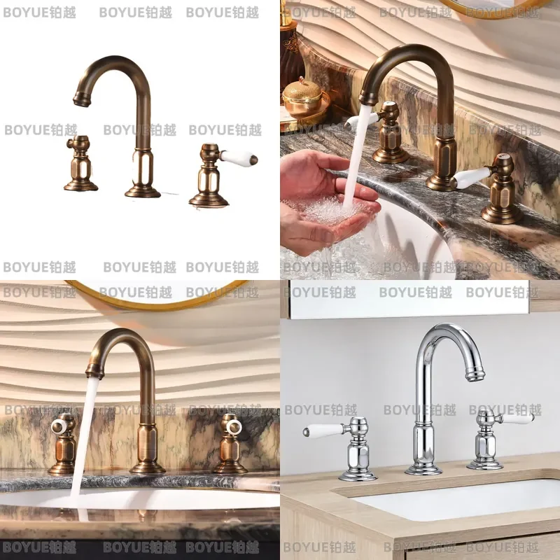 Retro Luxury Bronze Basin Faucet Set European Style Refined Copper Mixer Tap Classic Water Separation Design for Countertop
