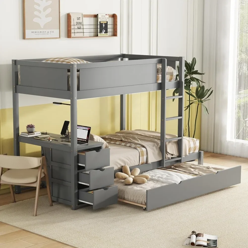 Bunk Bed ,Twin Size Trundle, with USB Ports, Storage and Desk,Twin,Beds Frame,Solid Wood Bunk Beds