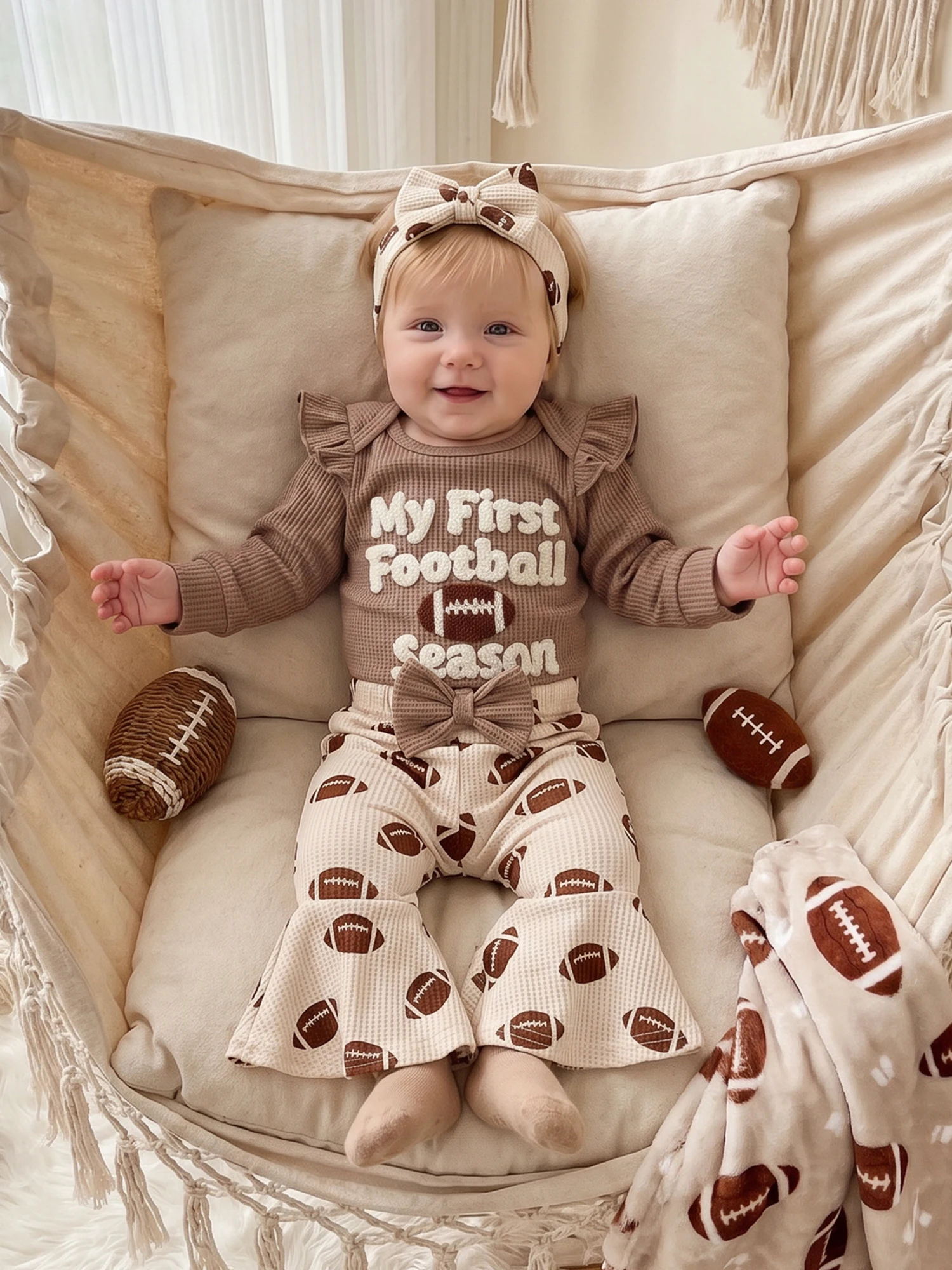 Flared Romper Baby-Girl Baby Girl Football Sleeve Romper Flared Pants Sleeve Baby Girl Football