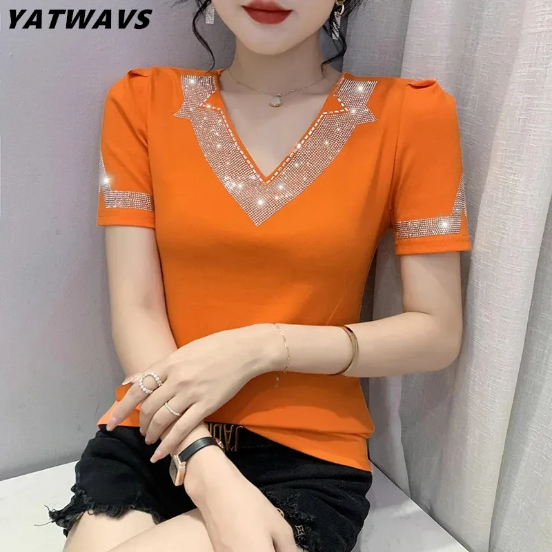 

New Fashion Summer European Clothes Lady T-Shirt Chic Sexy Hot Diamonds V-Neck Women Tops Puff Short Sleeve Casual Tees M-3XL