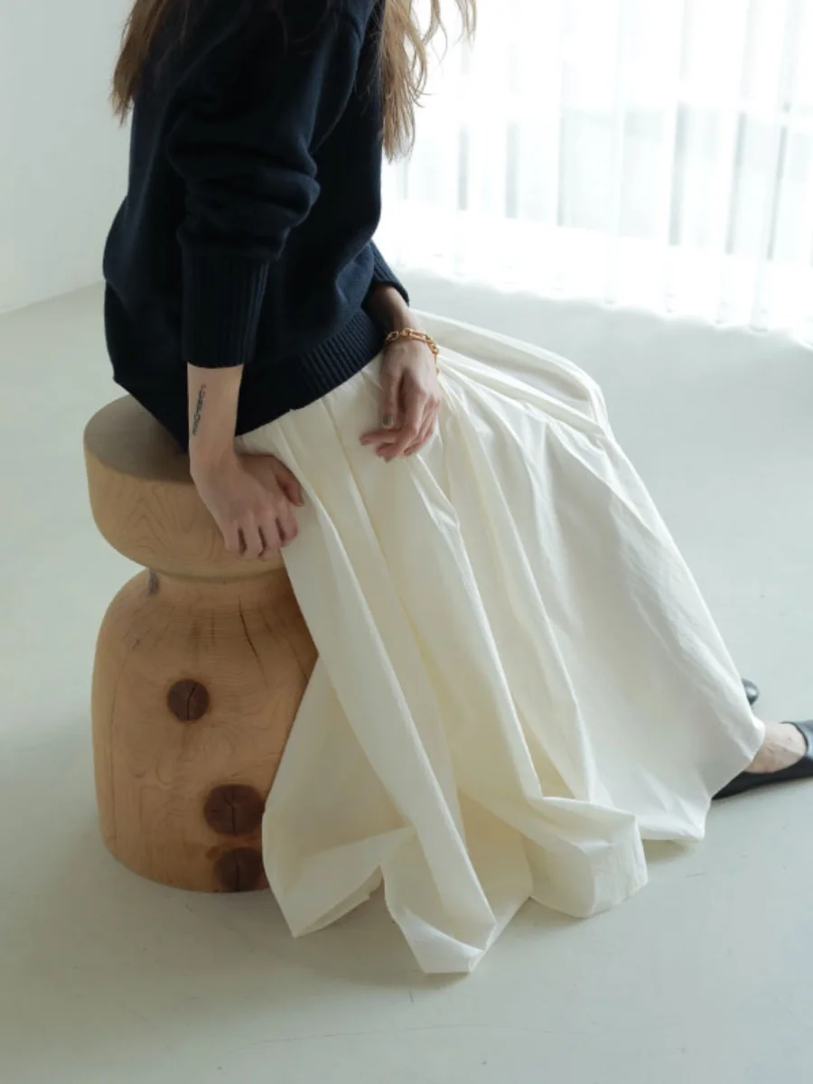  Vintage High Waist A-Line Midi Skirt Pure Color Pleated Commuter Lady Long Umbrella Skirt Spring Summer Retro