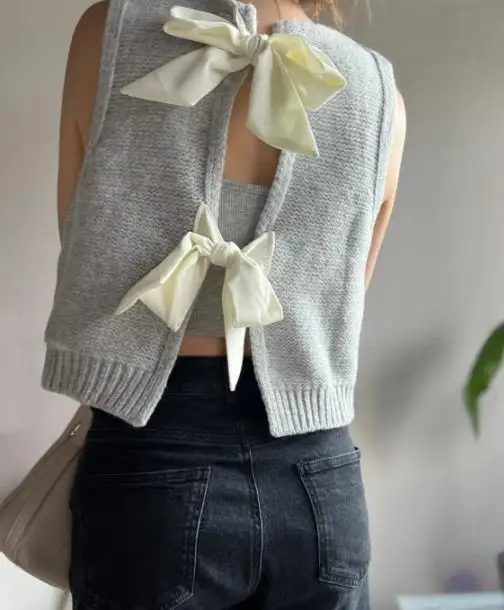Chaleco de punto sin mangas para mujer: camiseta sin mangas de punto recortada con lazos grandes