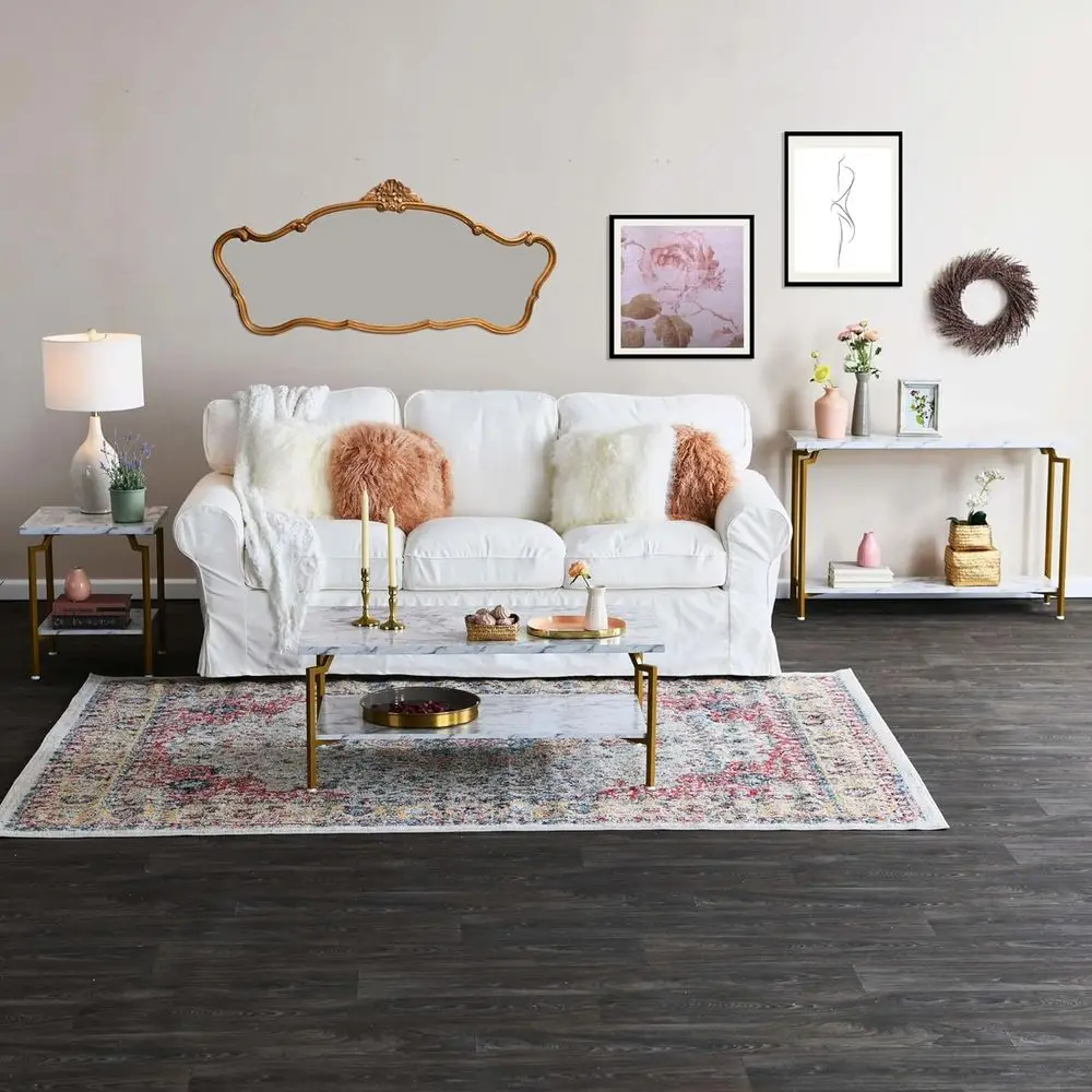 طاولة قهوة مستطيلة الشكل من الرخام الأبيض مع إطار معدني ذهبي ورف تخزين #2