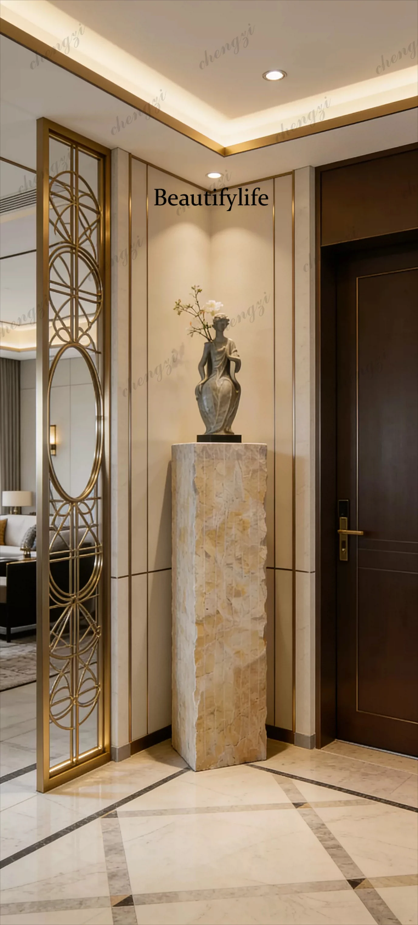 Pure handmade rough chiseled column light luxury entrance floor ornament living room corner vase sculpture base