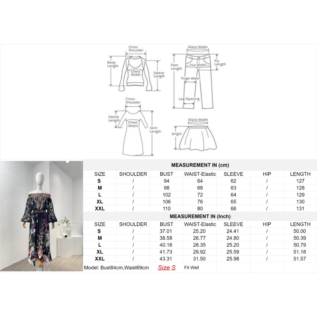 Vestido midi de seda con hombros descubiertos prensado Primavera Verano 2024 Diamantes de manga larga con estampado floral negro