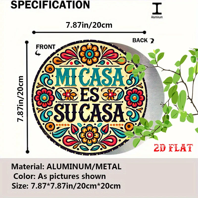 2D Flat - A Round Sign Featuring a Spanish Phrase, Measuring 7.8X7.8 Inches, with Floral Art. This Vibrant Rustic Metal Wall Art