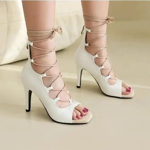 Summer Women Black White Apricot Leather Gladiator Cross Tied Square Peep Toe Hollow Cuts Out 7 9 CM High Heel Sandals Shoes