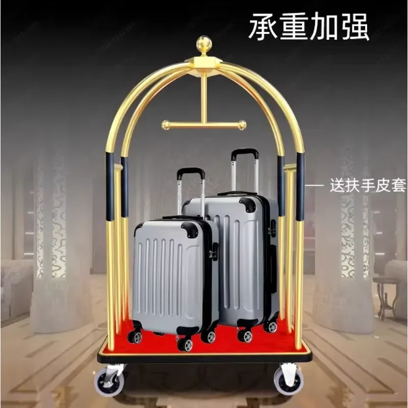 Stainless Steel Hotel Luggage Cart Silent Wheels Thickened Frame Hand Push Trolley for Lobby Concierge Bell Service Heavy