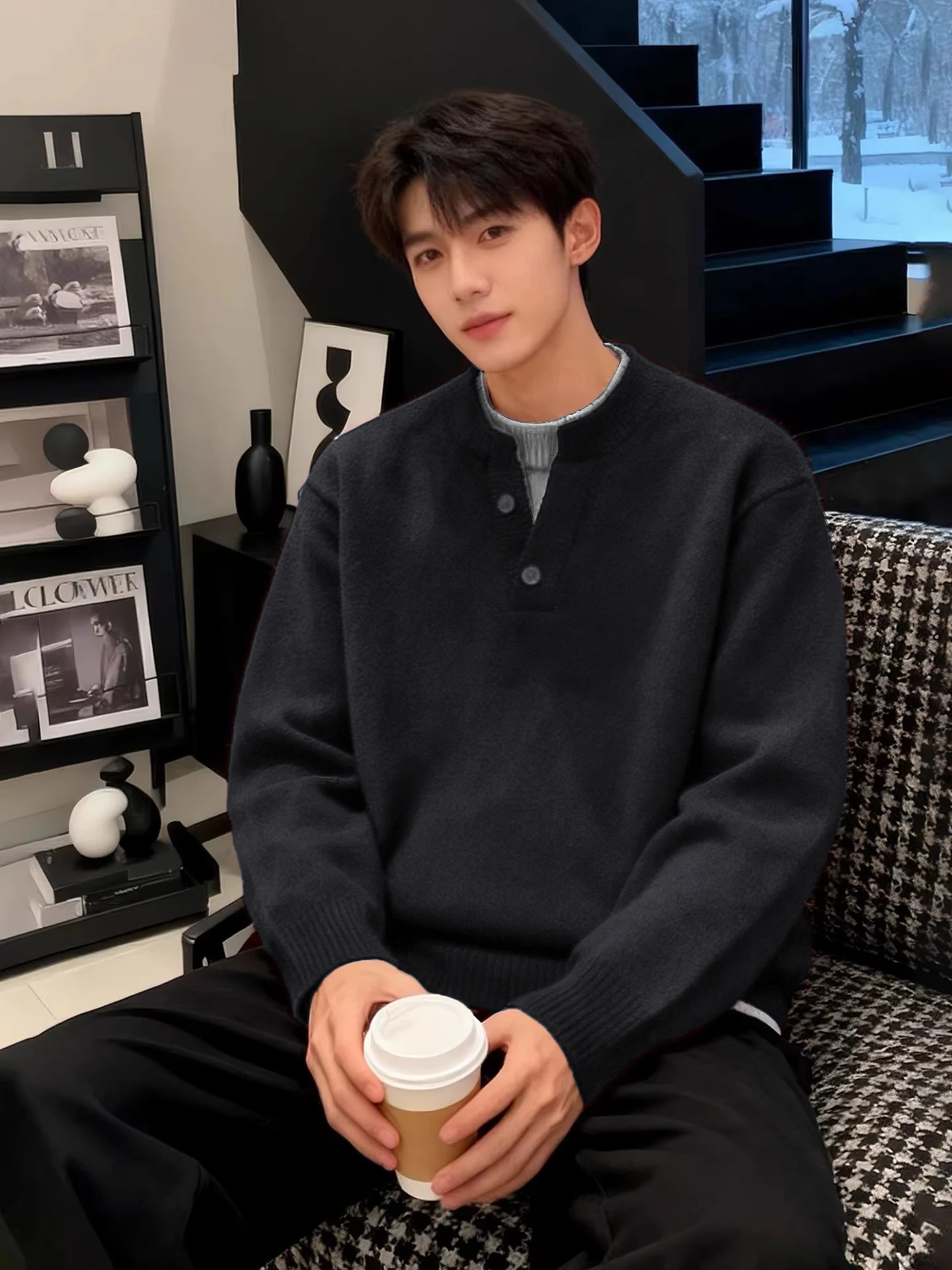 

Men's Bla Henry Collar Knitwear Thiened Base Layer irt Casual Sle Winter Faion Soft Comfortable Cotton Zipper Closure