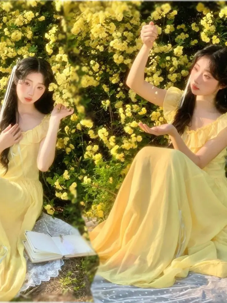 

Романтичное повседневное желтое платье на бретельках для женщин, А-силуэт, простое, длиной выше колена, с рукавами-крылышками, студенческий стиль