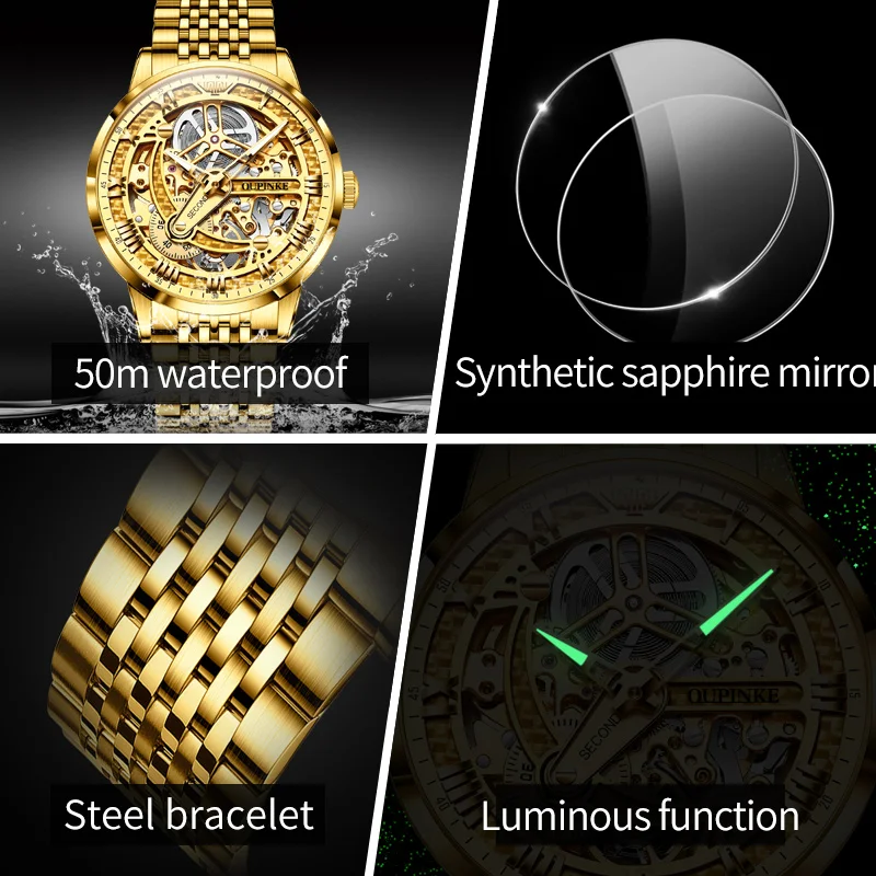 OUPINKE 3173(Special Offer)Gold Watch for Men Skeleton Hollow Crystal Mirror 50M Waterproof Automatic Mechanical Watch Man