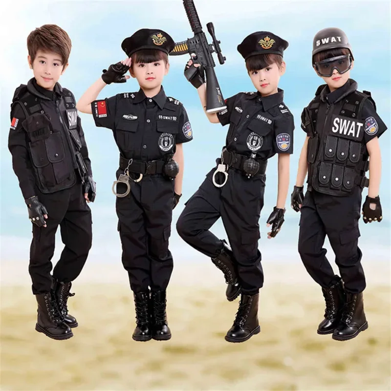 Children Traffic Police Cop Cosplay Costumes Policemen Uniform Girls Pleated Skirt Student Team Halloween Party Performance MN9