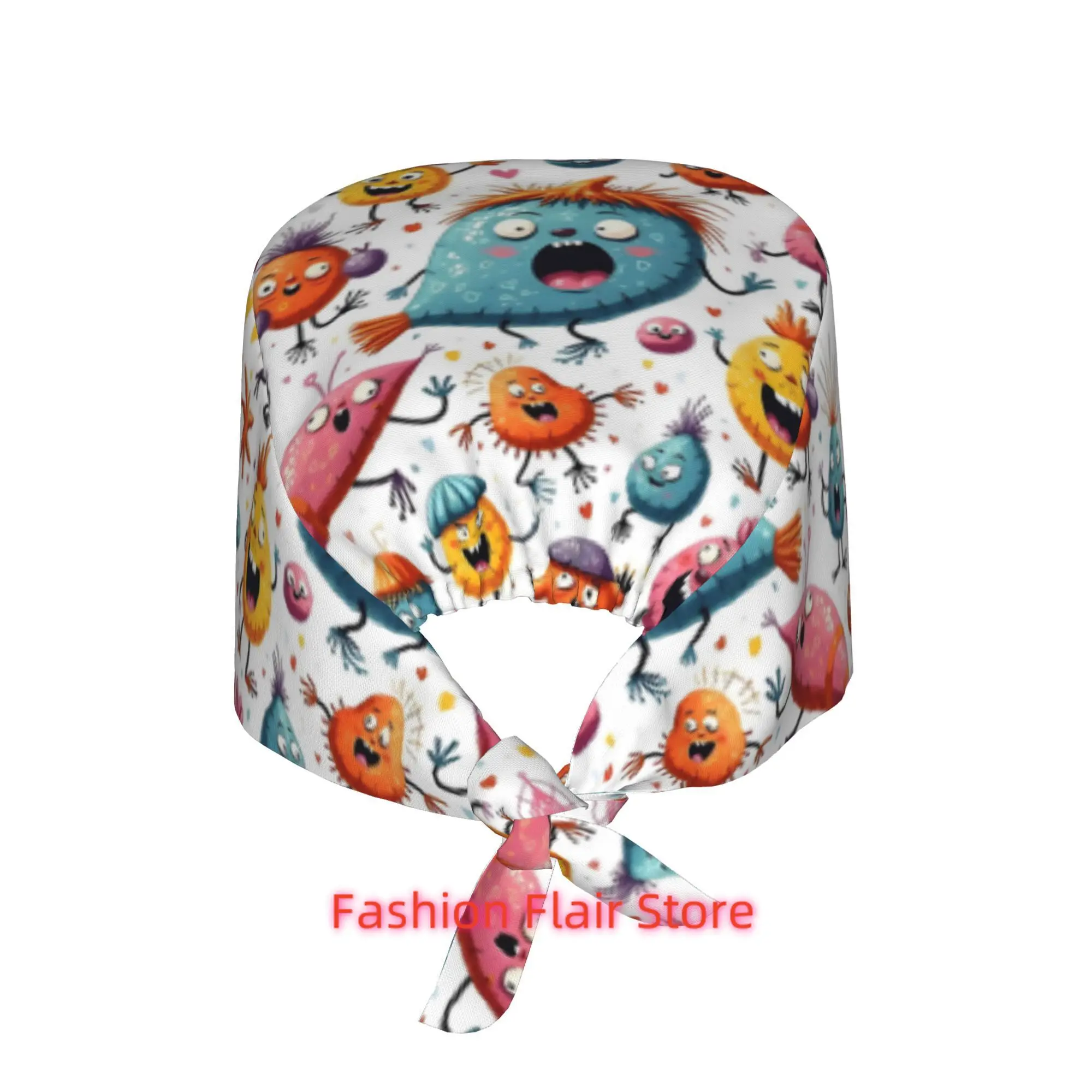 1pc Colorful Cartoon Monsters Unisex Work Cap Adjustable Lightweight with Lace Up Desig Dust Proof Suitable for Nurses And Chefs