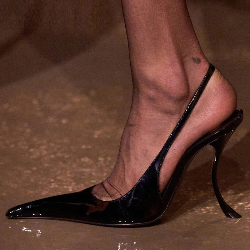 

Liyke/пикантные сандалии с открытой пяткой и острым носком, странные туфли на тонком высоком каблуке, свадебные туфли для выпускного вечера, модные черные женские туфли-лодочки из лакированной кожи