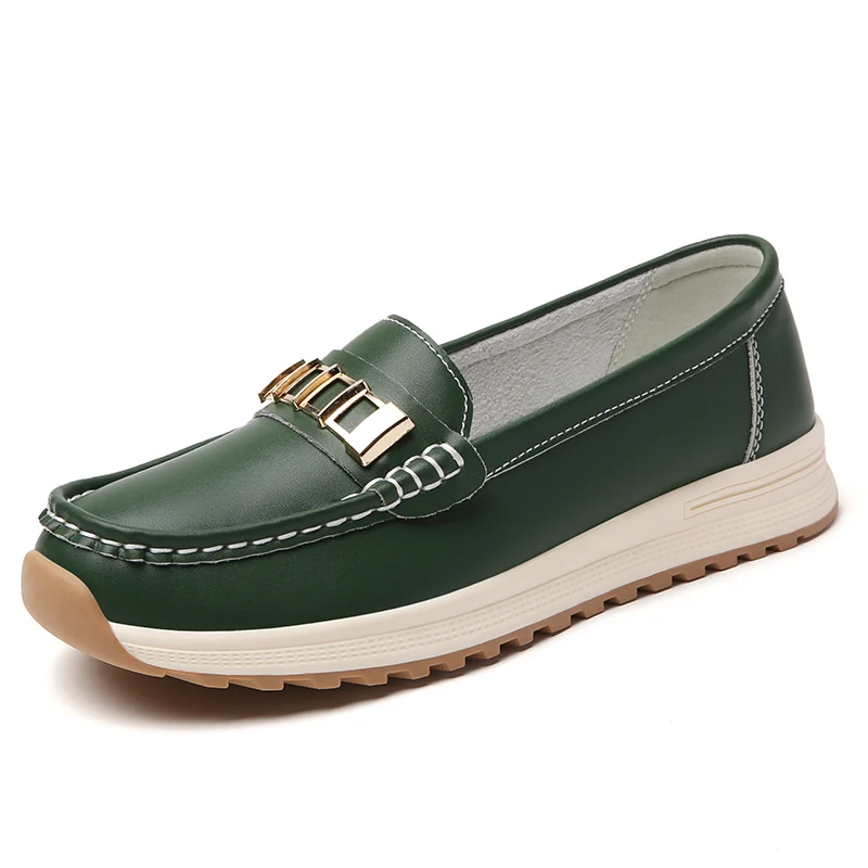 Mocasines verdes para mujer, zapatos sin cordones con plataforma, zapatos informales de cuero cómodos antideslizantes para mujer, zapatos náuticos de talla grande 36-44
