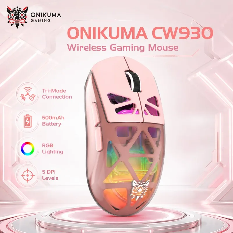 ONIKUMA CW930 Wireless Transparent Pink Gaming Mouse Tri Mode Bluetooth 2.4G Wired PAW3212 RGB Rechargeable for PC Laptop Gamer