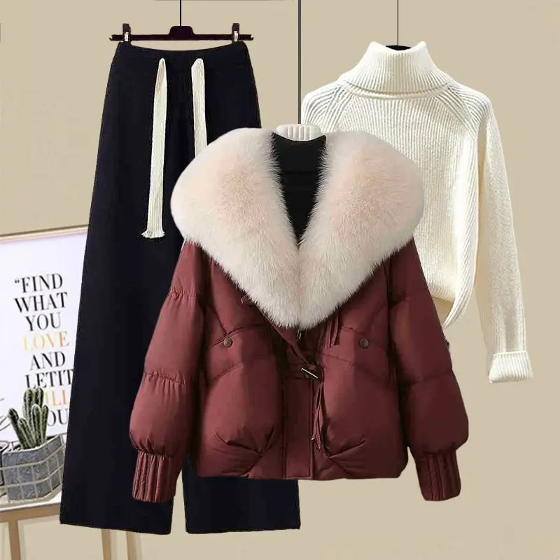 

Женский зимний повседневный вязаный свитер, комплект пальто с теплым меховым воротником, свободные широкие брюки, футболка, ансамбль Faion