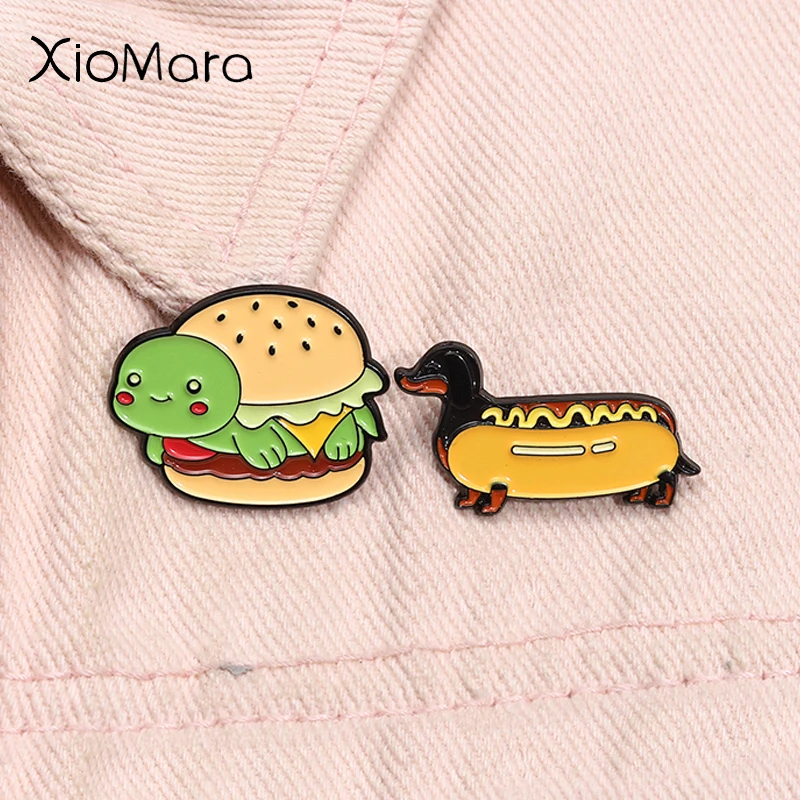 Cute Burger Turtle Enamel Pin Cartoon Dachshund Wiener Badger Sausage Dog Hotdog Food Brooch Lapel Badge Jewelry Gift For Friend