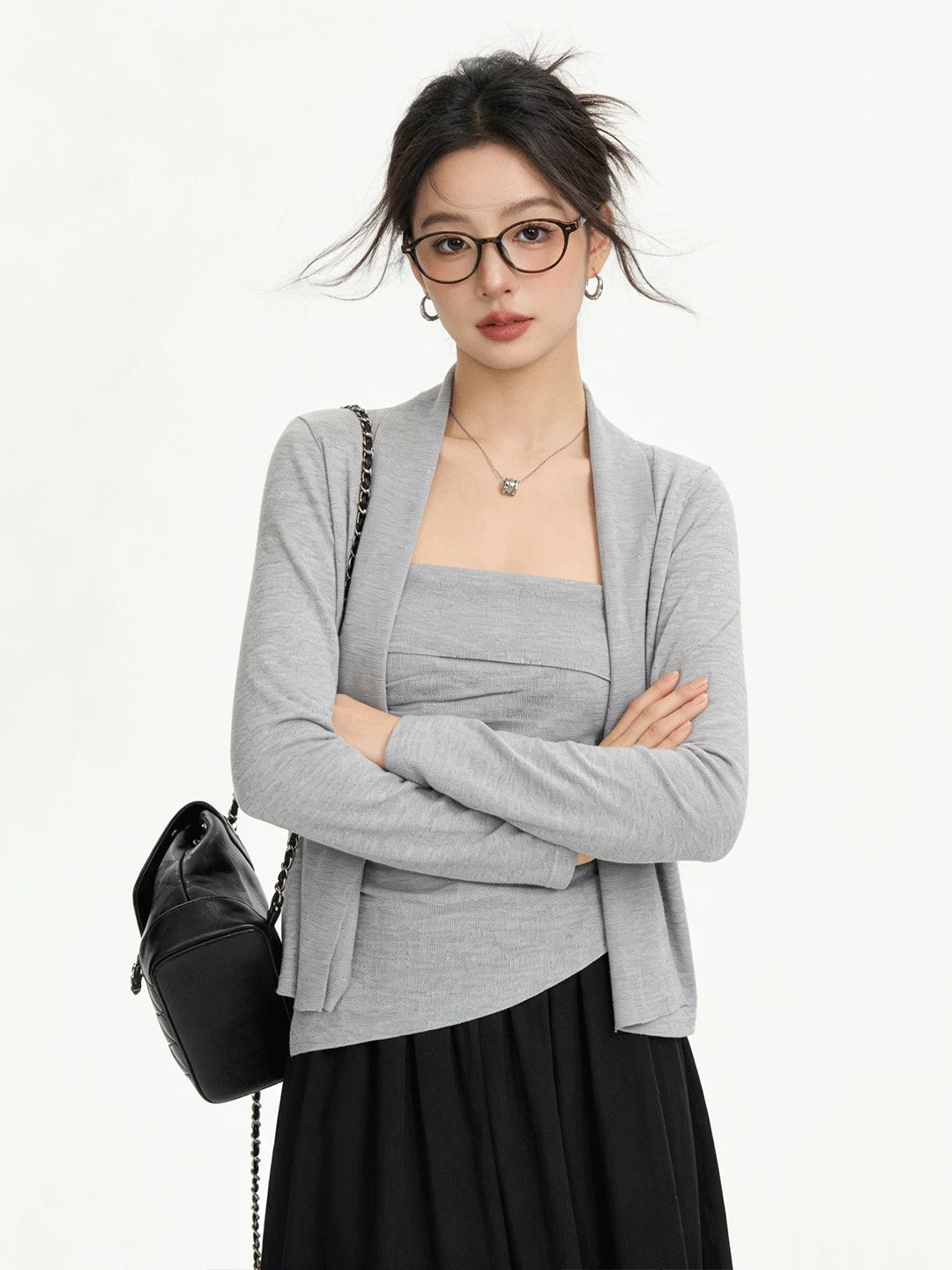 Laid-back Skin-friendly Short Knitted Cardigan Wrinkled Slimming Layering Set Korean Style Long Sleeve Breathable Casual Wear