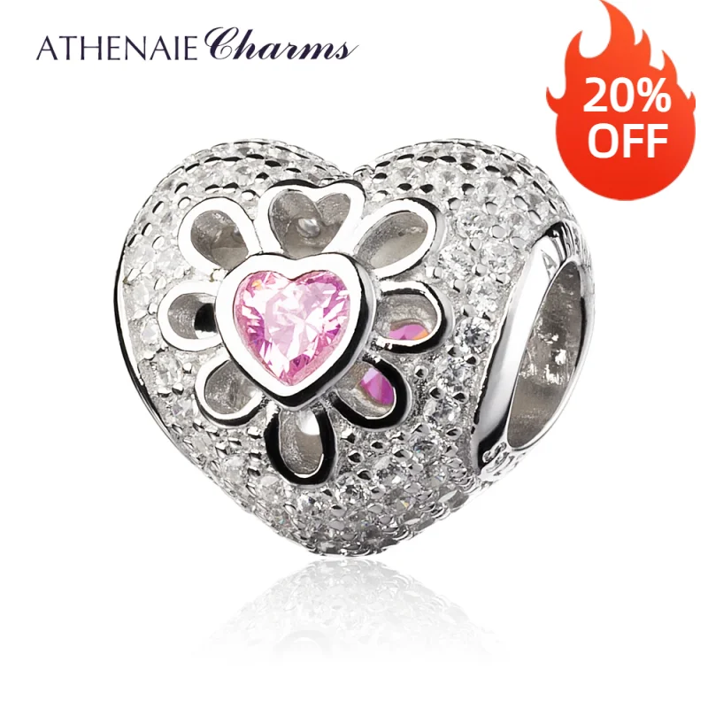 

ATHENAIE 925 Sterling Silver with Pave Clear CZ & Pink CZ Heart Blooms Bead Charms Fit European Bracelets & Bangles