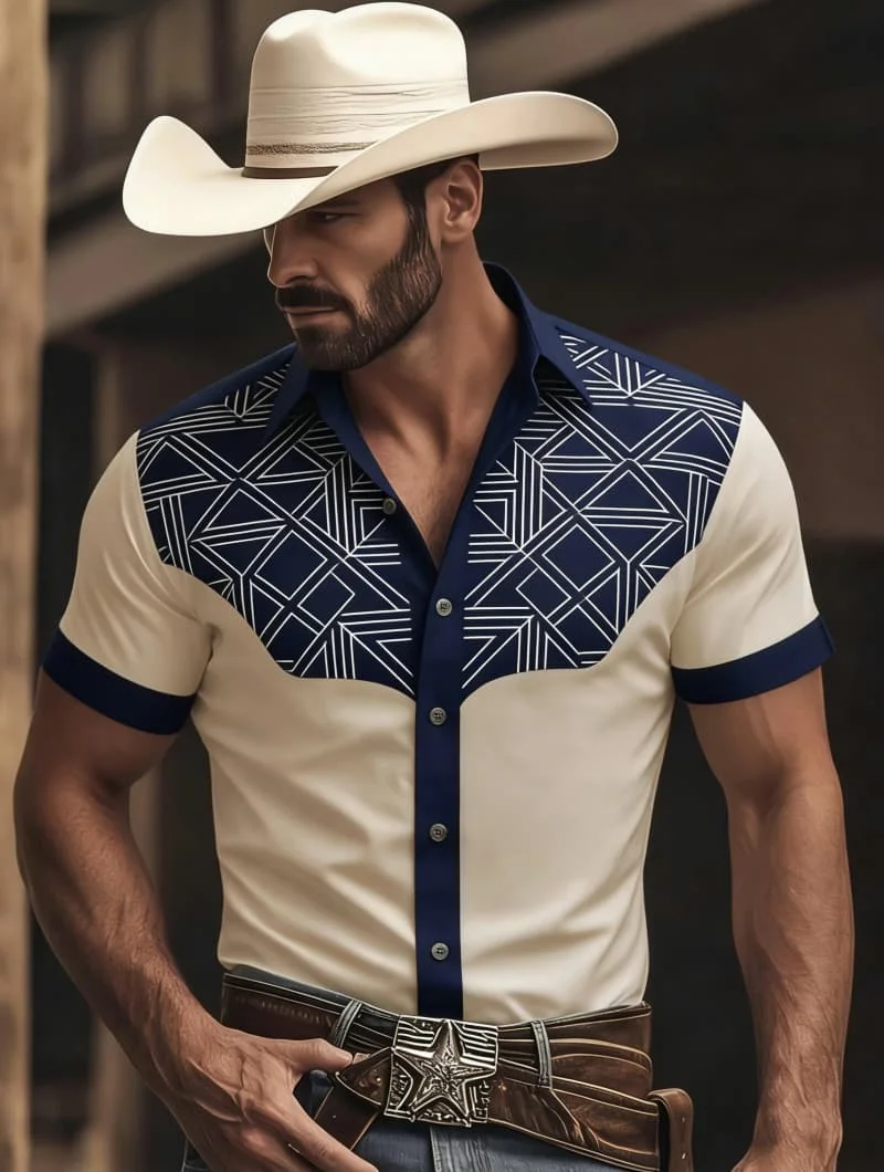 Men's Casual Stylish Western Cowboy Print Short Sleeve Shirt Casual Fashion For Daily Wear And Summer Outings