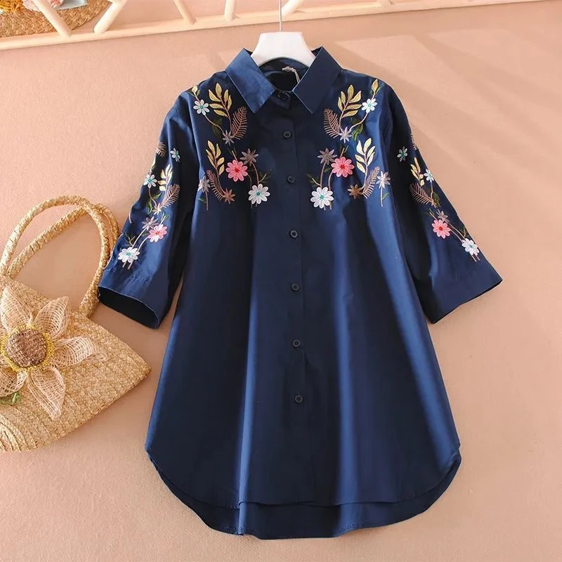 Women Shirt New Loose 2024 Summer Coat Straight National Style Literature Lapel Large Size Jacket Embroidered Sleeve Tops Female