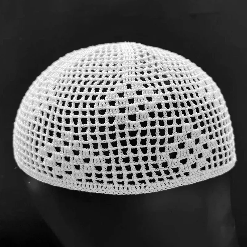 Cappello lavorato a maglia bianco Berretto da preghiera elastico in cotone lavorato a mano da uomo traspirante etnico musulmano