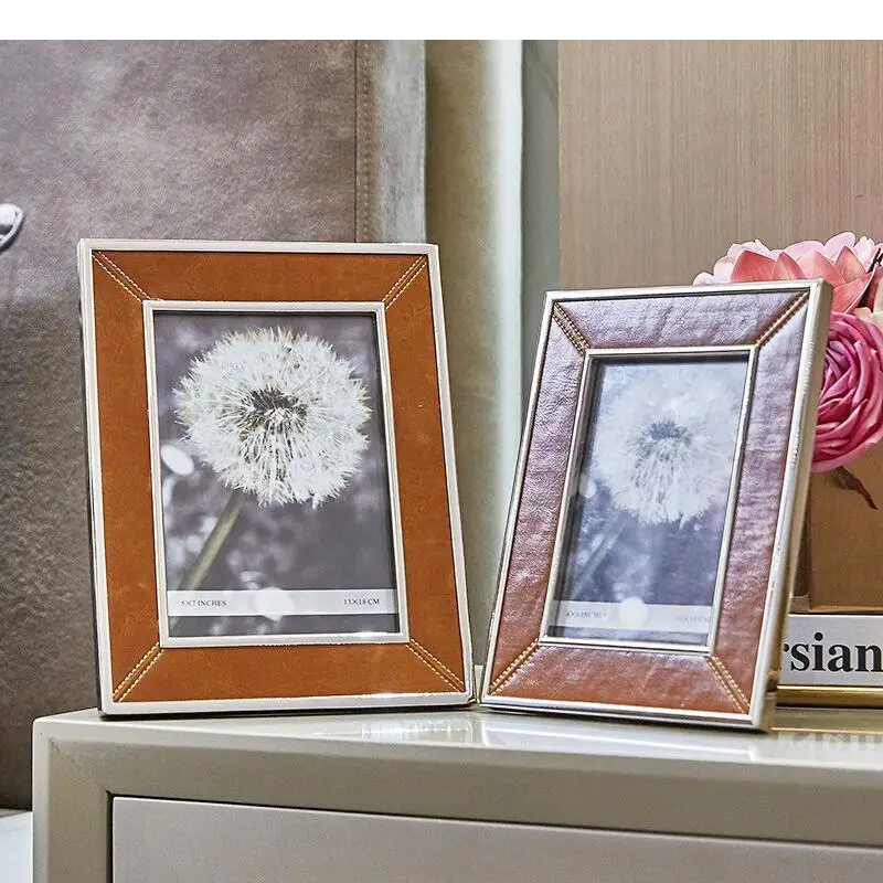 

6/7 Inch Silver Photo Frame Nightstand Ornaments Desk Decoration Metal Framed Leather Picture Frames Vintage Home Decor