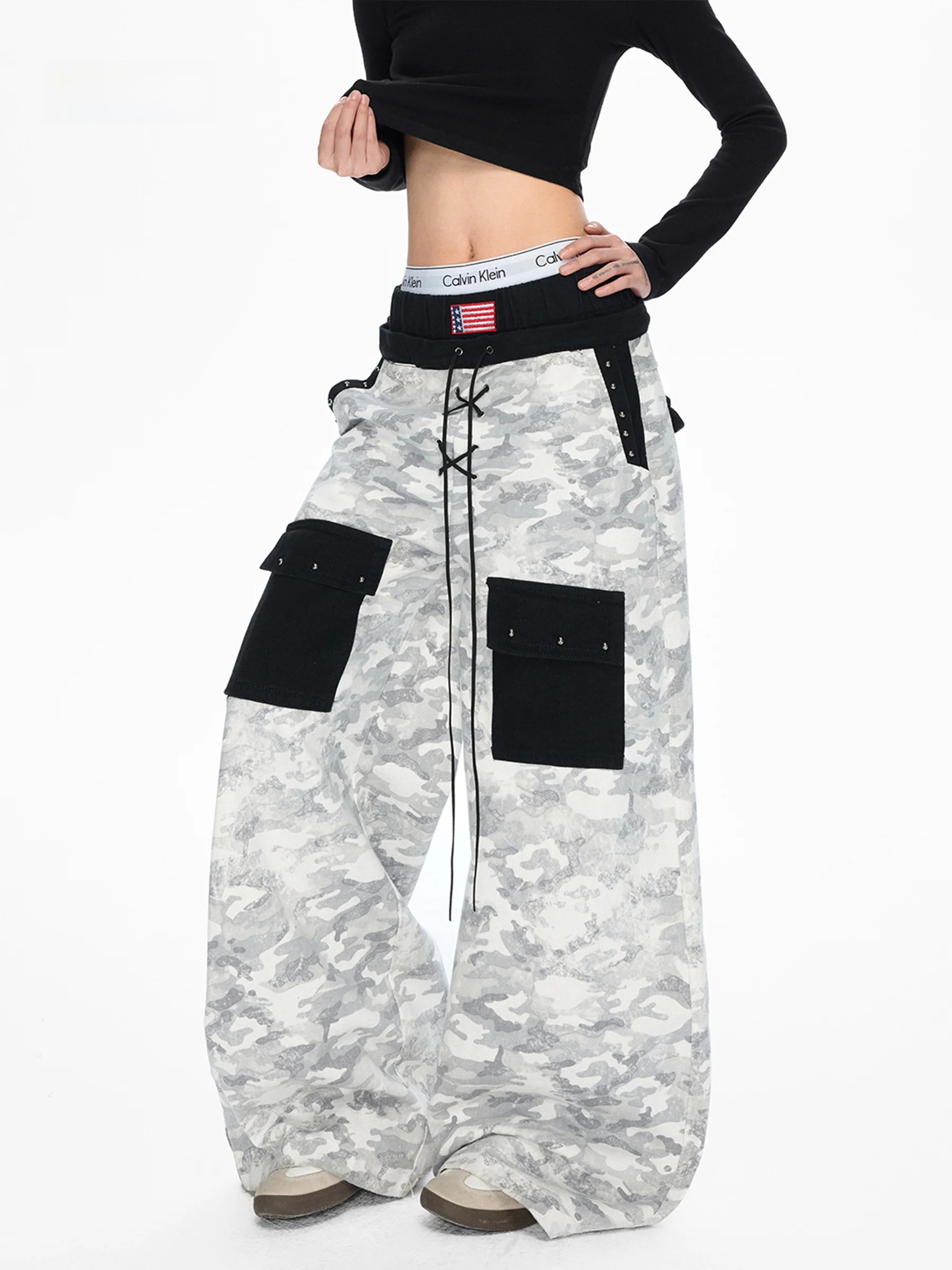 

American Style Camouflage Denim Pants Women's Spring Hiphop Street Dance Pants Double Waist Design Wide Leg Pants