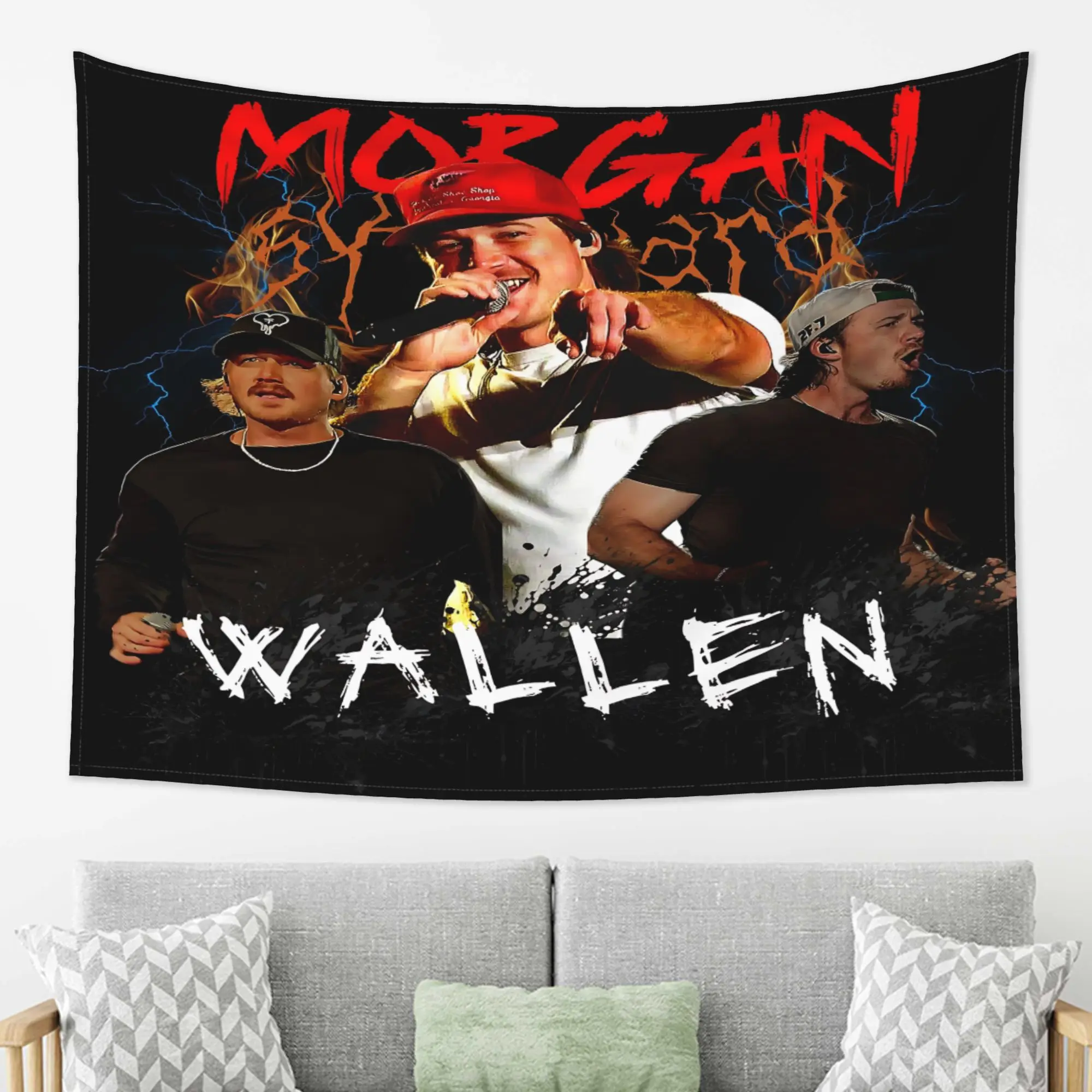 1pc M-Morgan W-Wallen Band Tapestry Dark Thunder Flame Country Music Aesthetic Tapestry Bedroom Wall Hanging Home Decor