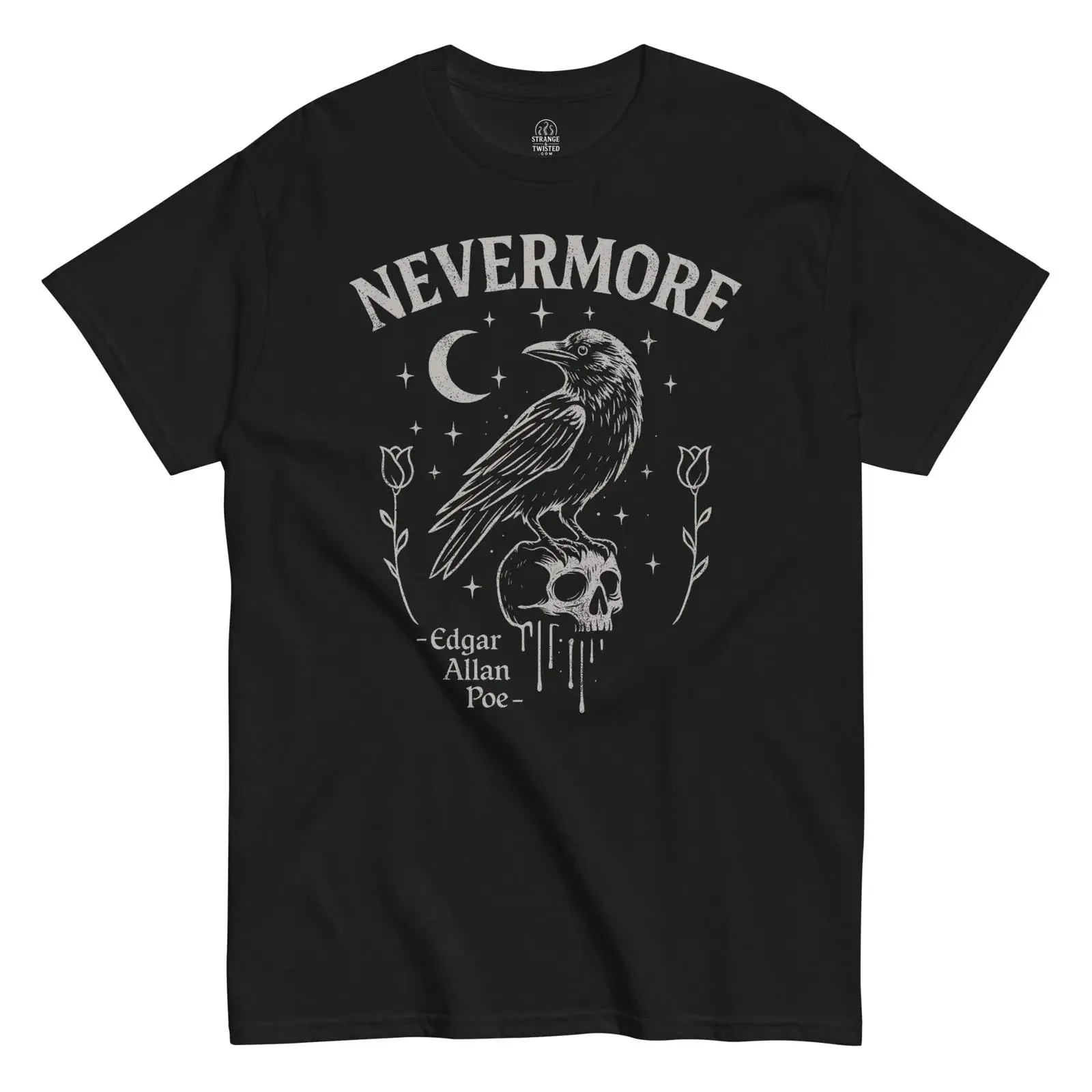 Front view of Edgar Allan Poe nevermore t shirt in black vintage Washed streetwear Soft Casual Versatile Unisex