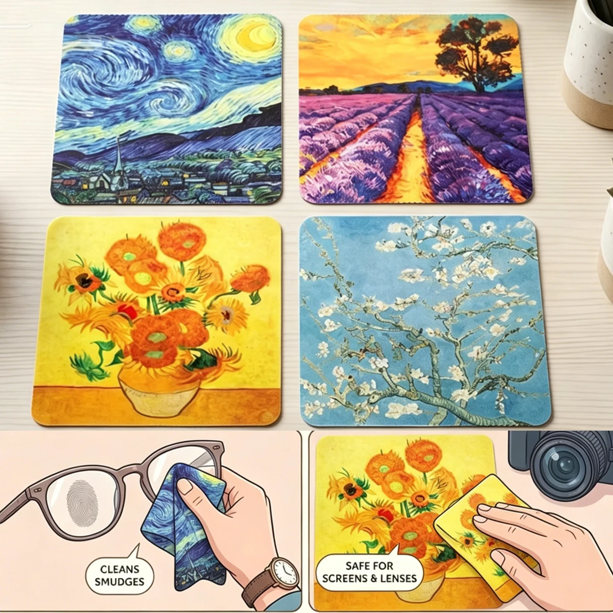 Van Gogh Art Print Microfiber Eyeglass Cleaning Cloth, 4Styles, Reusable Lens Wipe for Glasses Camera Phone Screen, AntiScratch