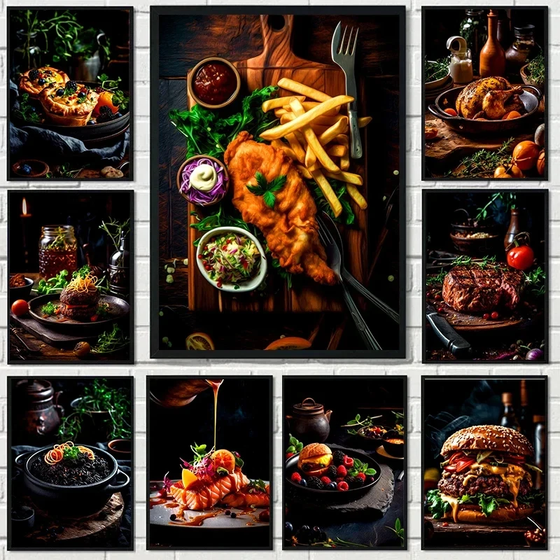 Chicken Food Burger French Fries Chicken Salmon Art Poster Canvas Painting Wall Print Picture Living Room Home Restaurant Dec